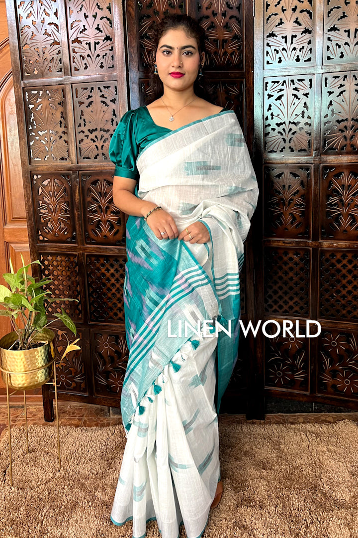 aashvi - white cotton ikat sari - linenworldonline.in