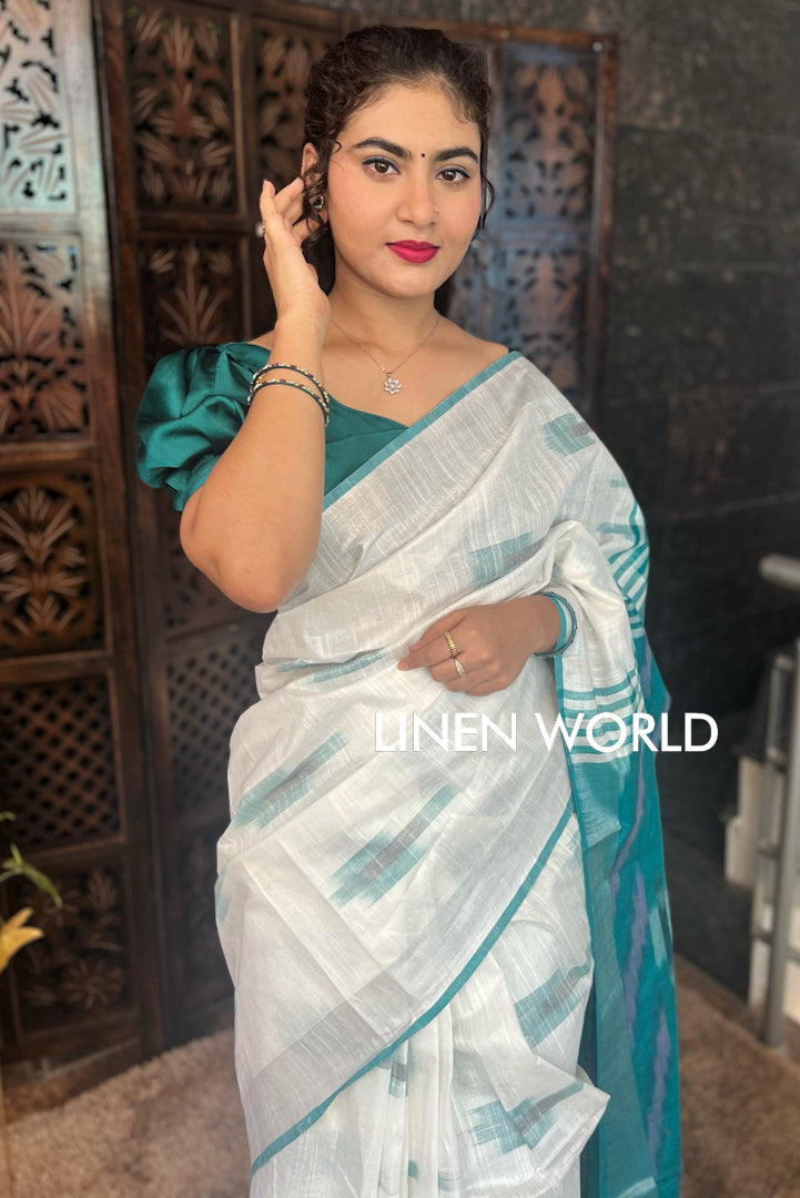 aashvi - white cotton ikat sari - linenworldonline.in