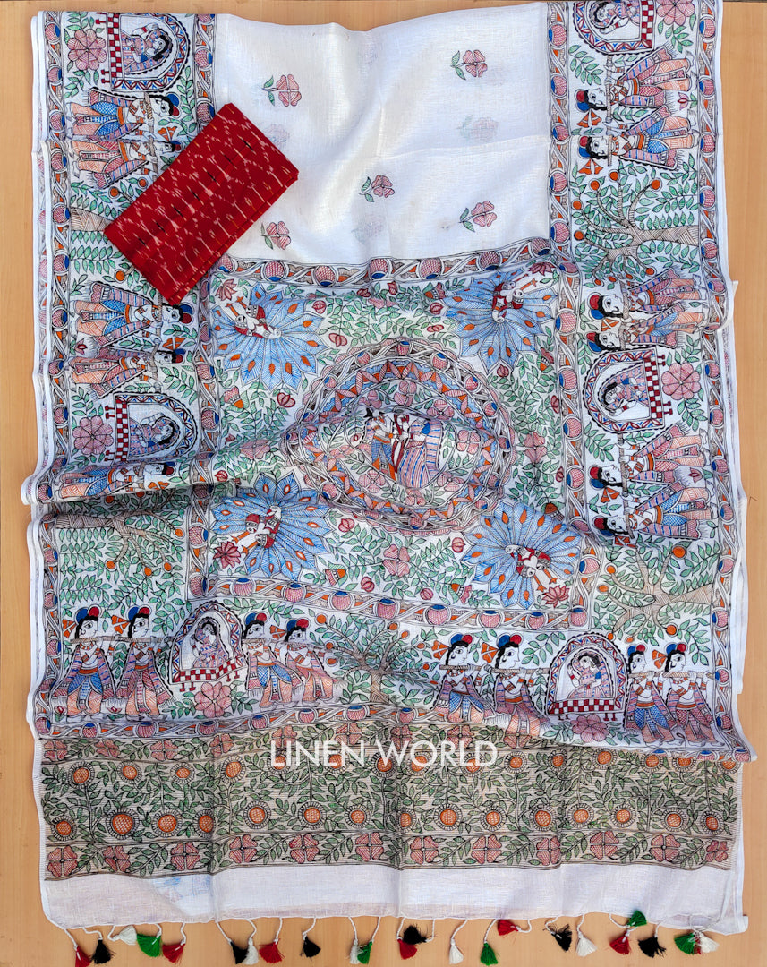 nidhi - madhubani painted pure linen saree with pochampally ikat blouse | linenworldonline.in