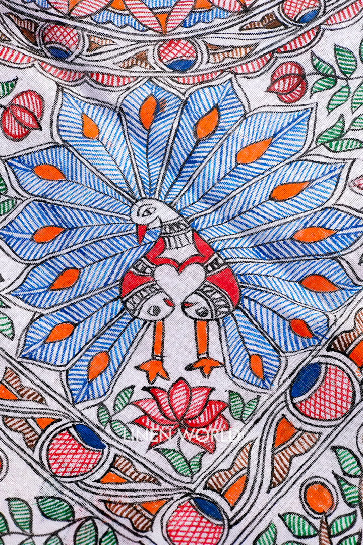 nidhi - madhubani painted pure linen saree with pochampally ikat blouse | linenworldonline.in