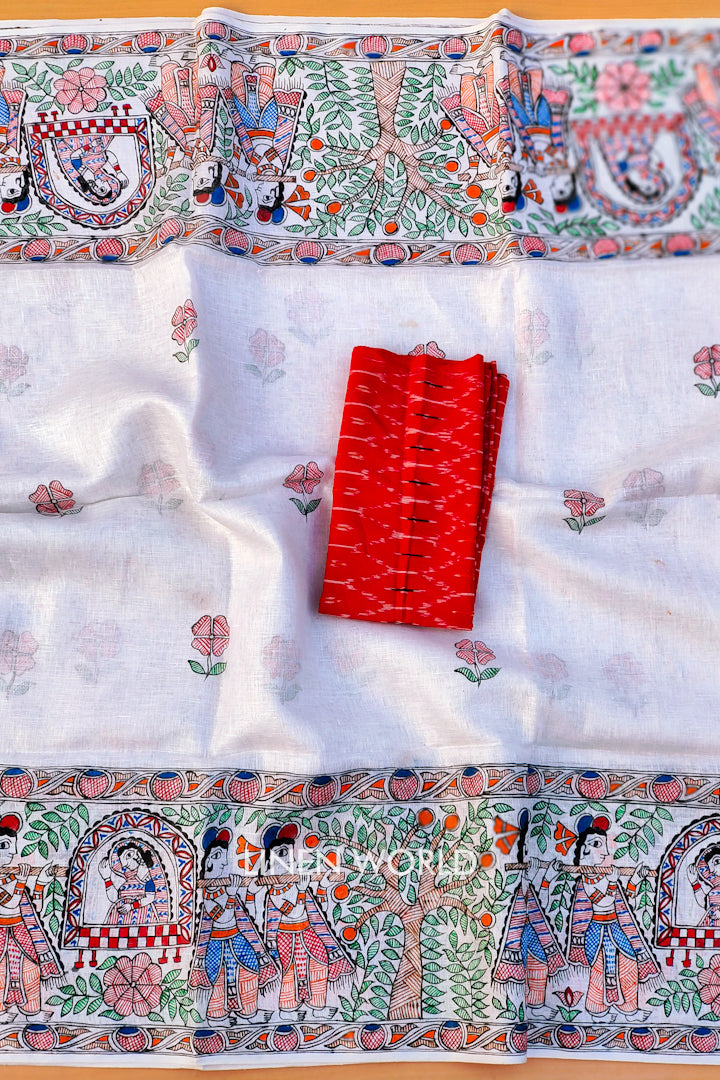 nidhi - madhubani painted pure linen saree with pochampally ikat blouse | linenworldonline.in