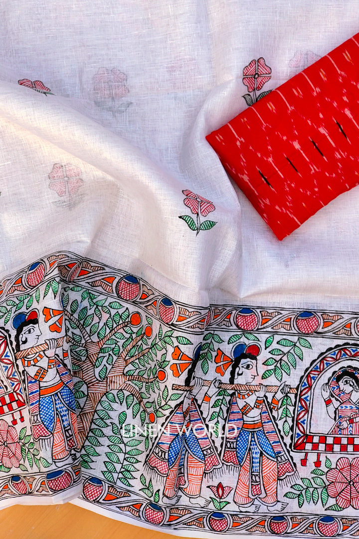 nidhi - madhubani painted pure linen saree with pochampally ikat blouse | linenworldonline.in