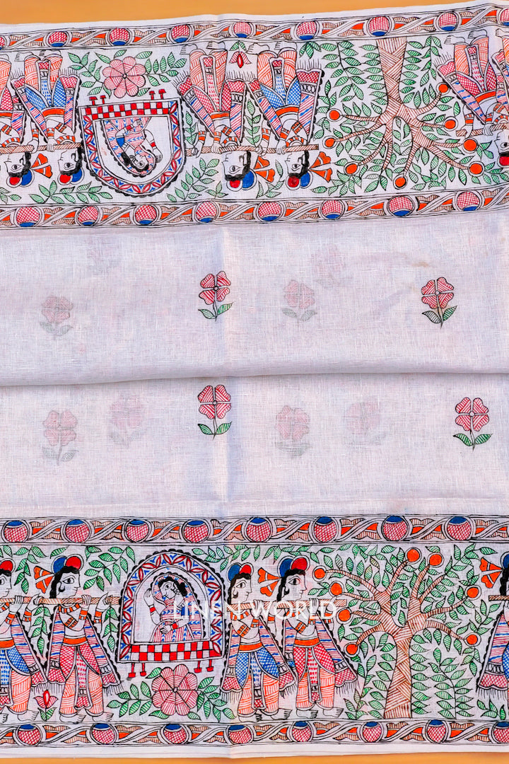 nidhi - madhubani painted pure linen saree with pochampally ikat blouse | linenworldonline.in