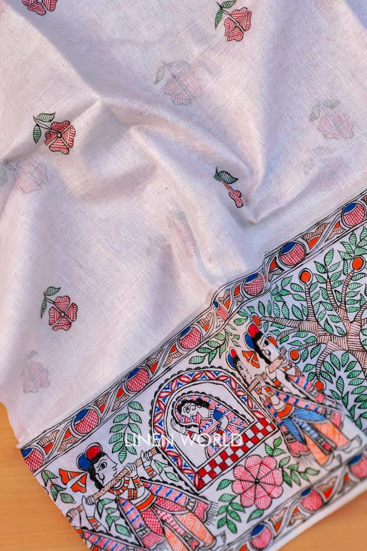 nidhi - madhubani painted pure linen saree with pochampally ikat blouse | linenworldonline.in