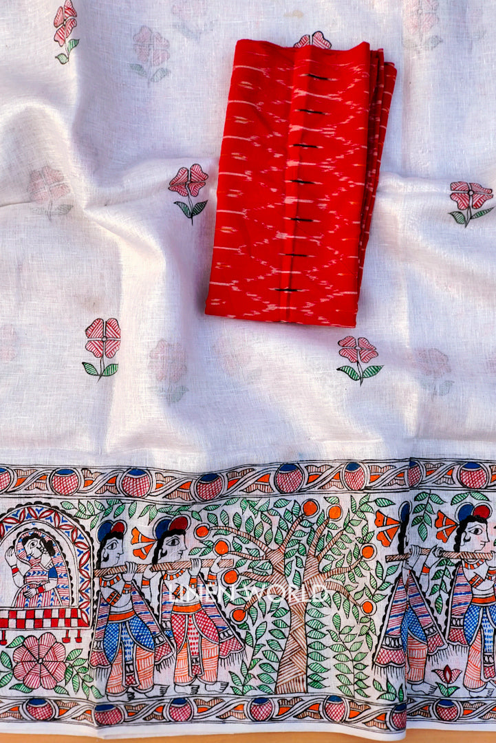 nidhi - madhubani painted pure linen saree with pochampally ikat blouse | linenworldonline.in