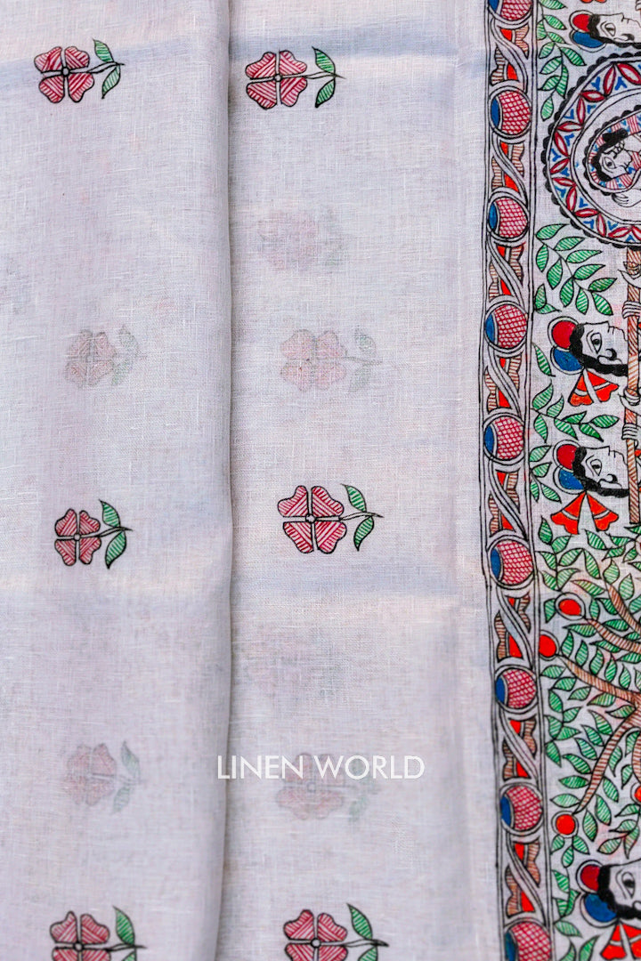 nidhi - madhubani painted pure linen saree with pochampally ikat blouse | linenworldonline.in