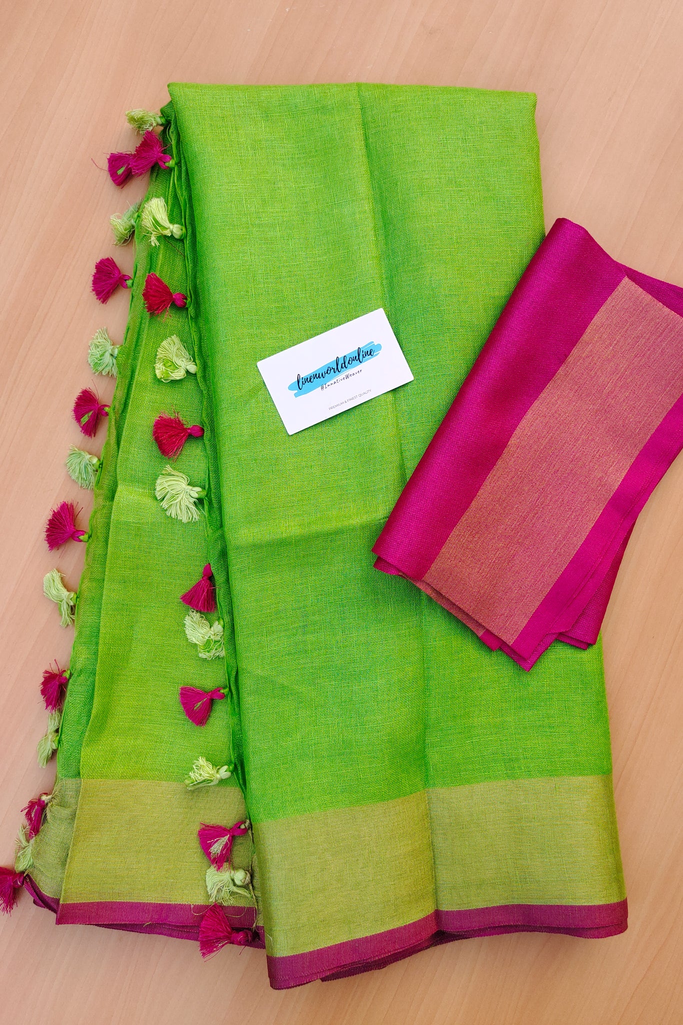 green pure linen sari - linenworldonline.in