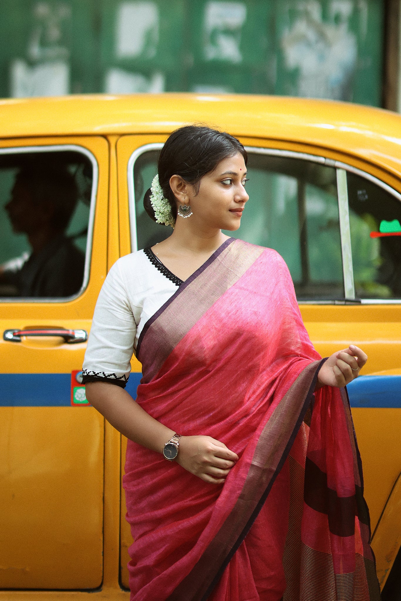 dual tone pink organic linen saree - linenworldonline.in