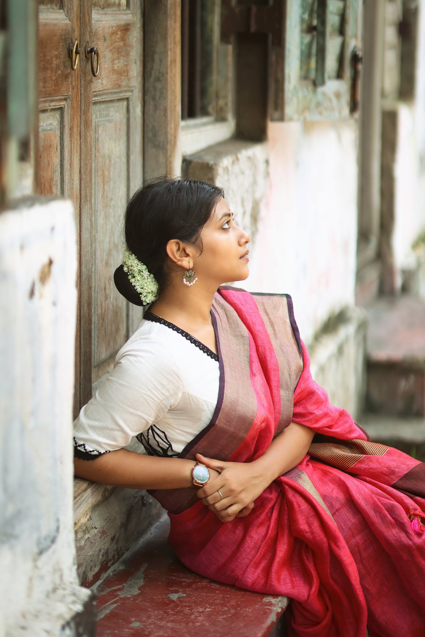 dual tone pink organic linen saree - linenworldonline.in