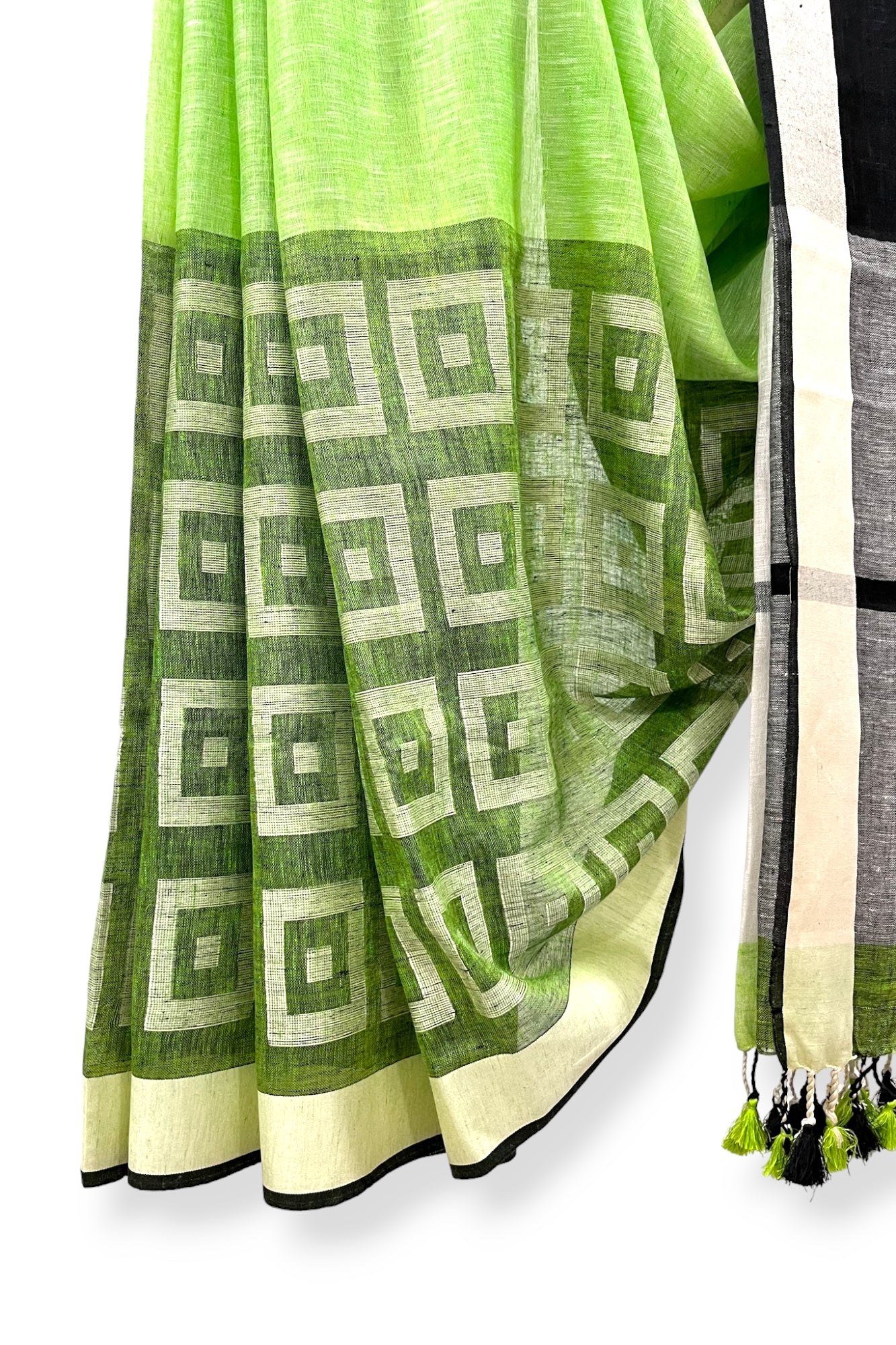 green dobby woven pure linen saree - linenworldonline.in