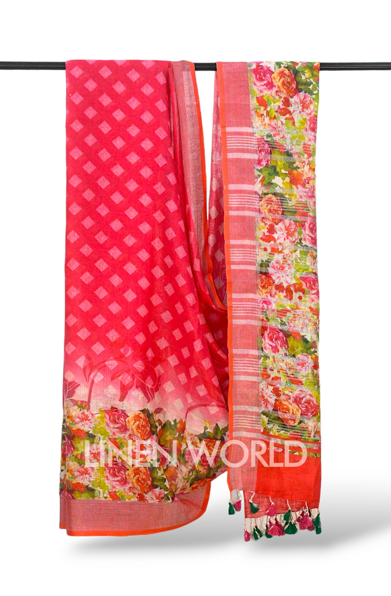 pink digital printed pure linen sari - linenworldonline.in