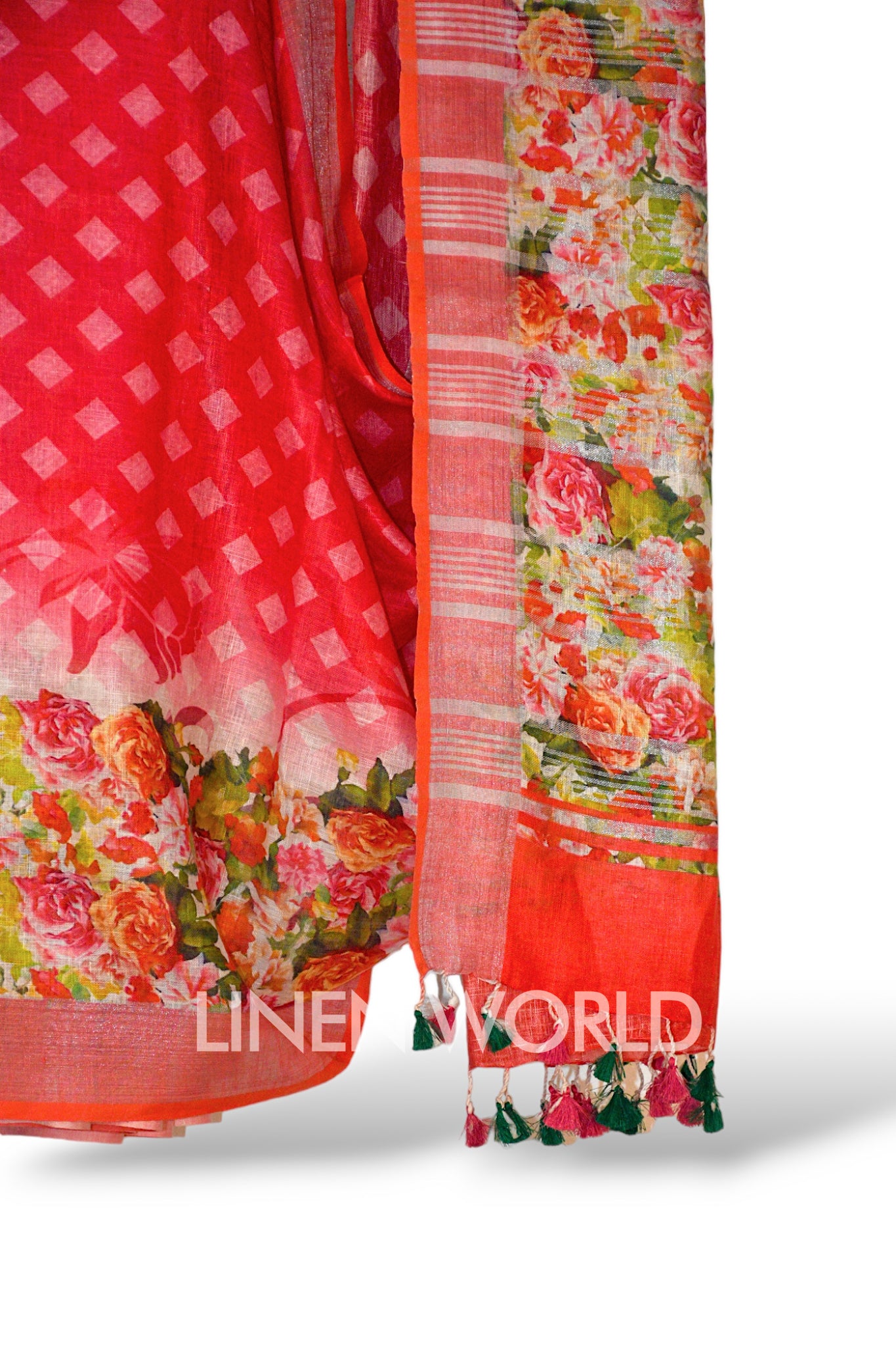 pink digital printed pure linen sari - linenworldonline.in