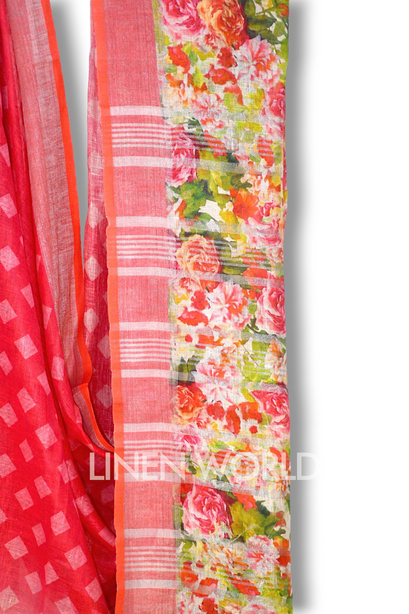pink digital printed pure linen sari - linenworldonline.in