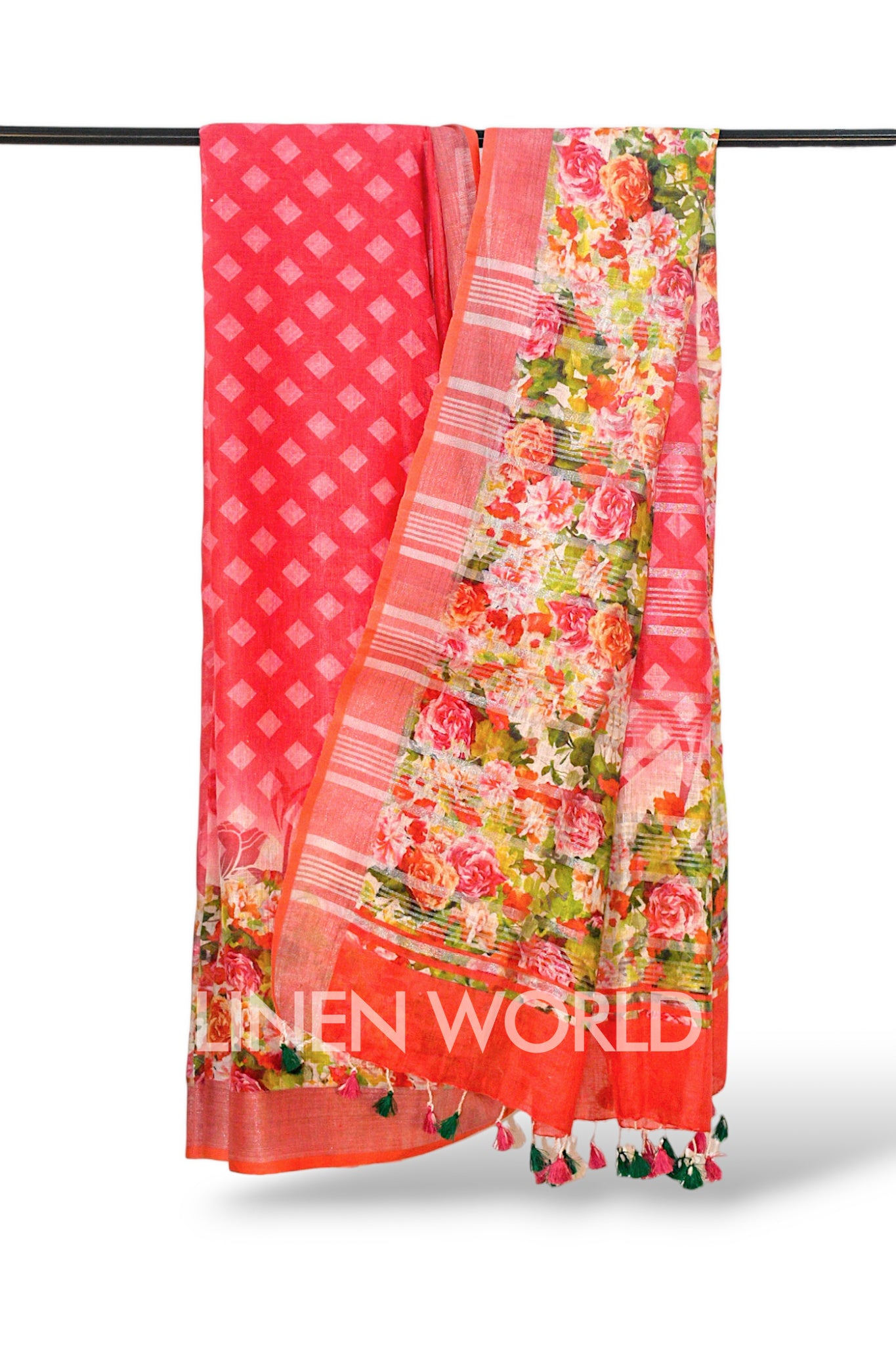 pink digital printed pure linen sari - linenworldonline.in