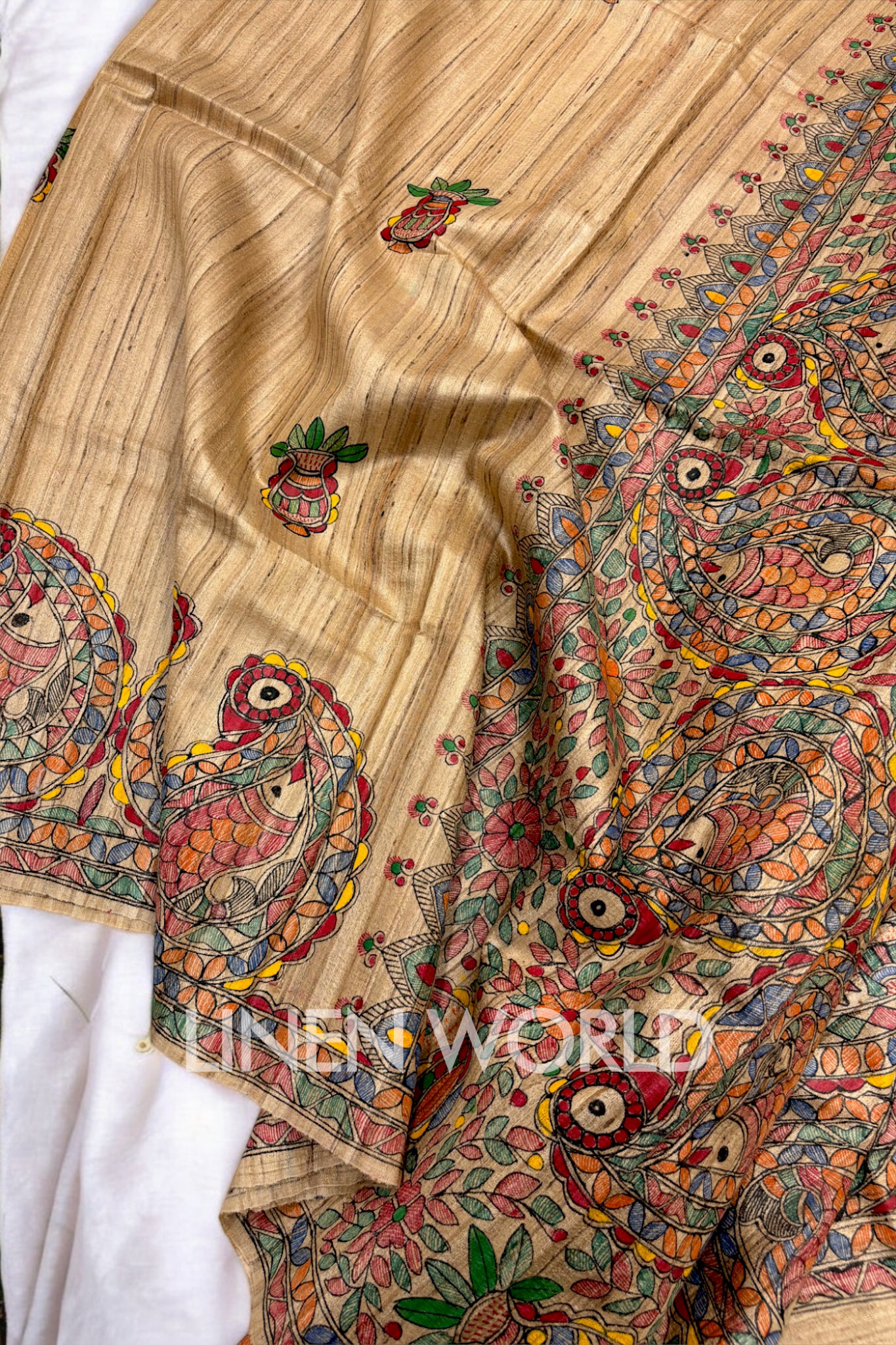 madhubani painted tussar ghicha silk saree - linenworldonline.in