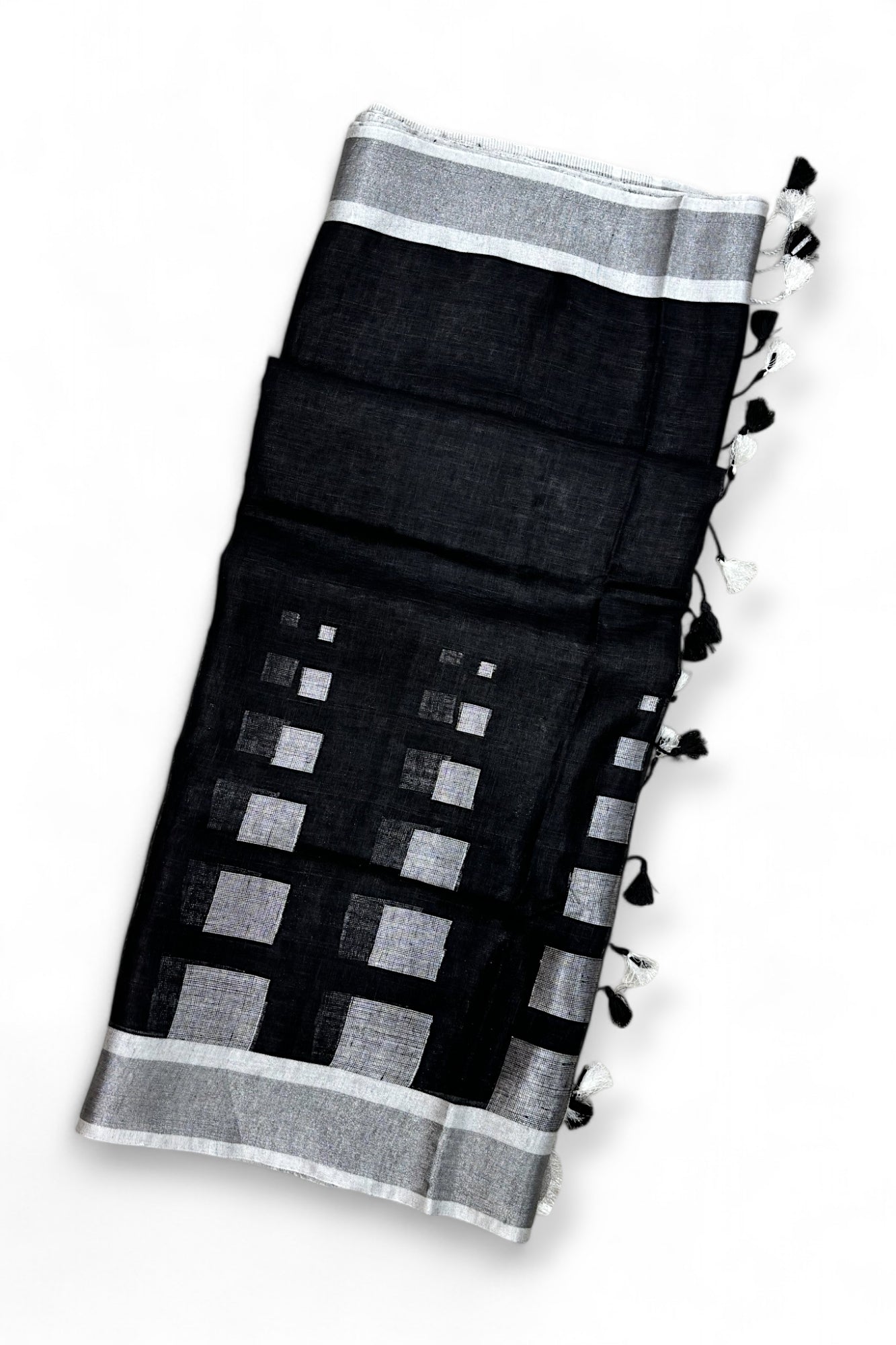 kaalaratri: black dobby woven exclusive organic linen saree - linenworldonline.in