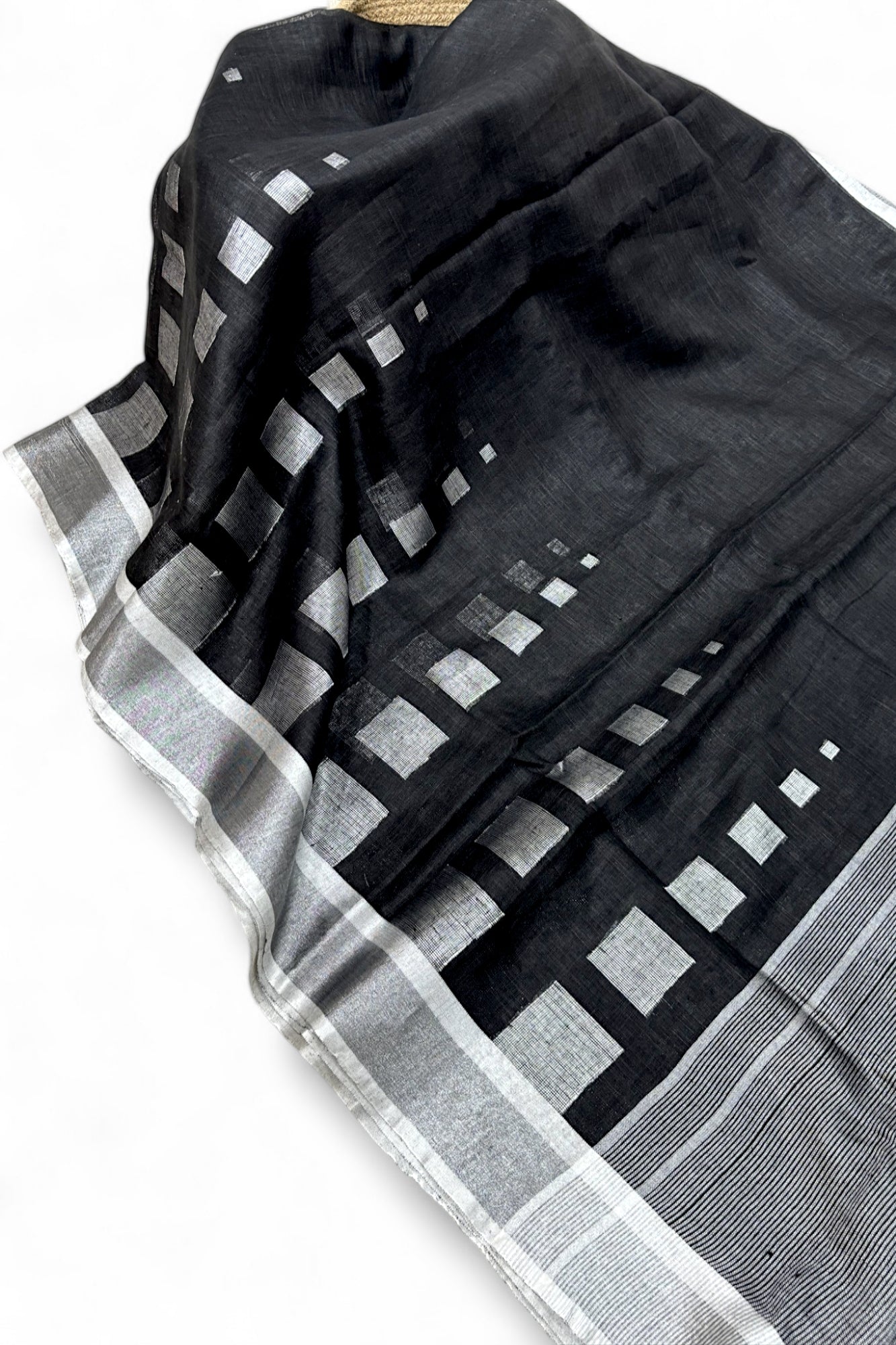 kaalaratri: black dobby woven exclusive organic linen saree - linenworldonline.in