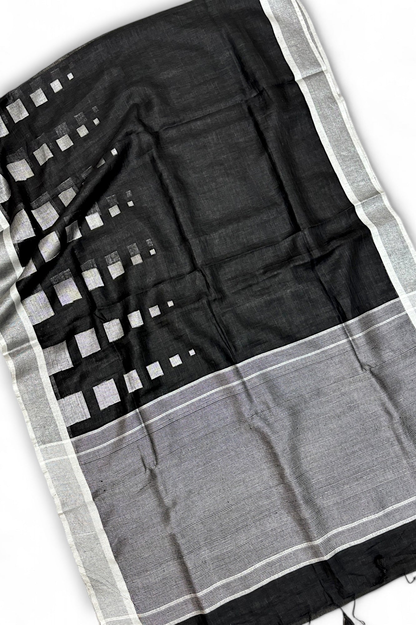 kaalaratri: black dobby woven exclusive organic linen saree - linenworldonline.in