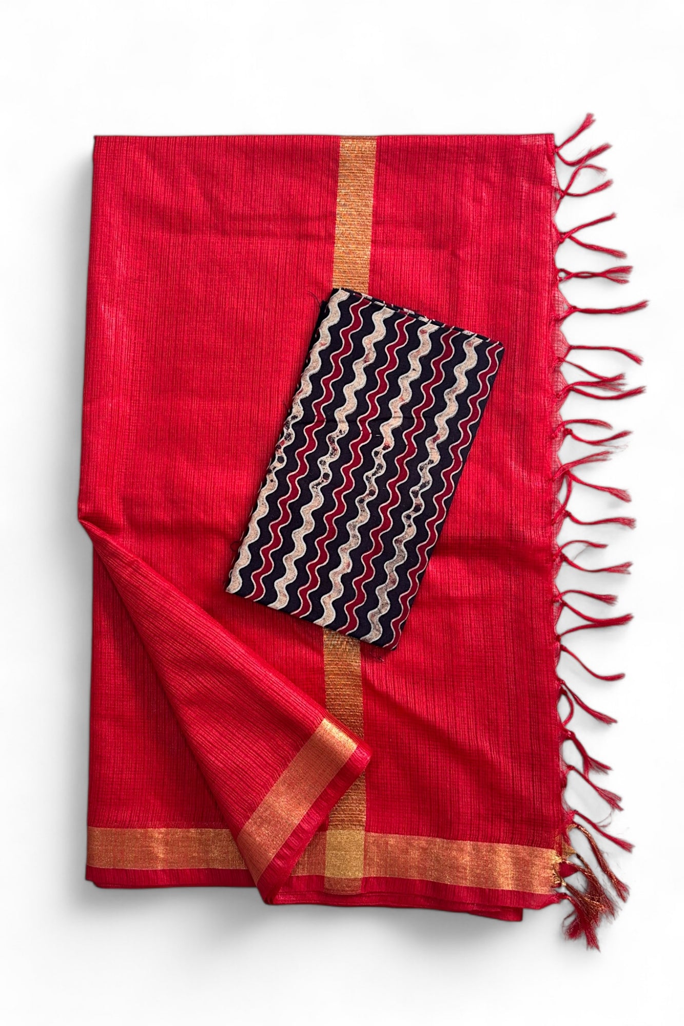 Red Kota Doria Silk Saree With Cotton Printed Blouse - Linen World