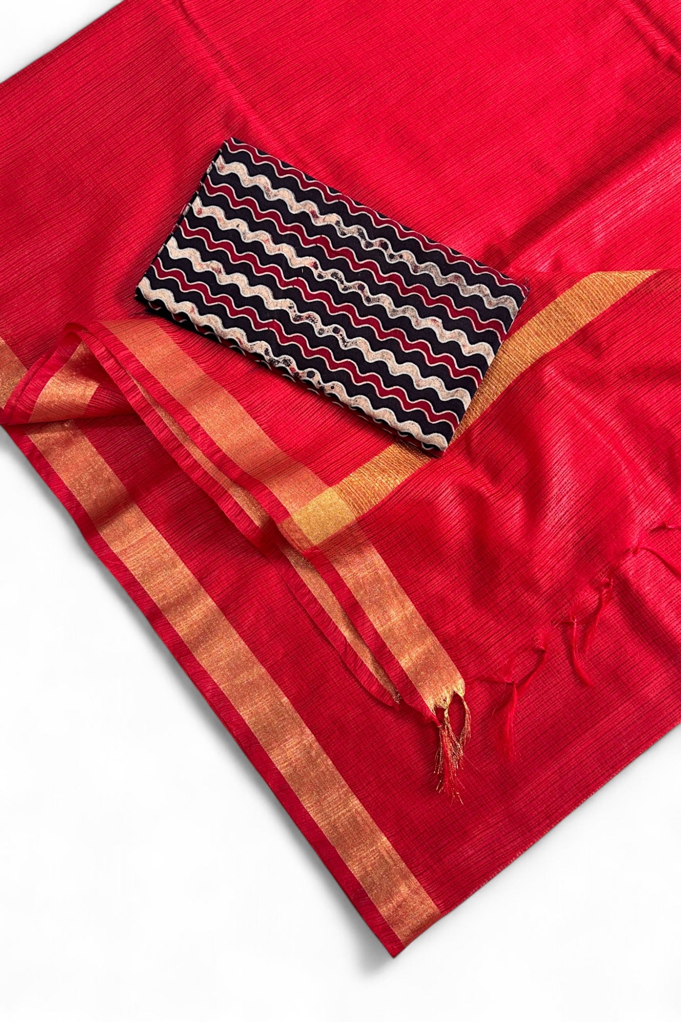 Red Kota Doria Silk Saree With Cotton Printed Blouse - Linen World