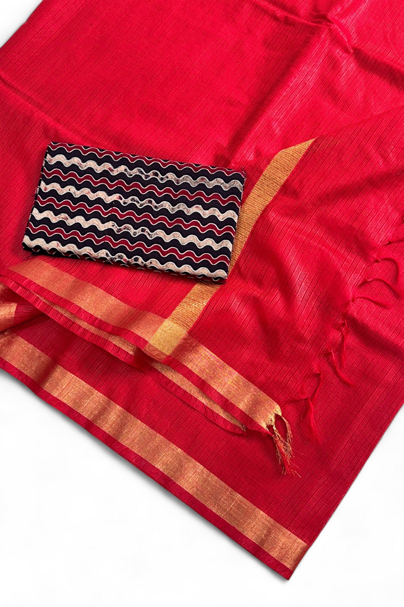 Red Kota Doria Silk Saree With Cotton Printed Blouse - Linen World