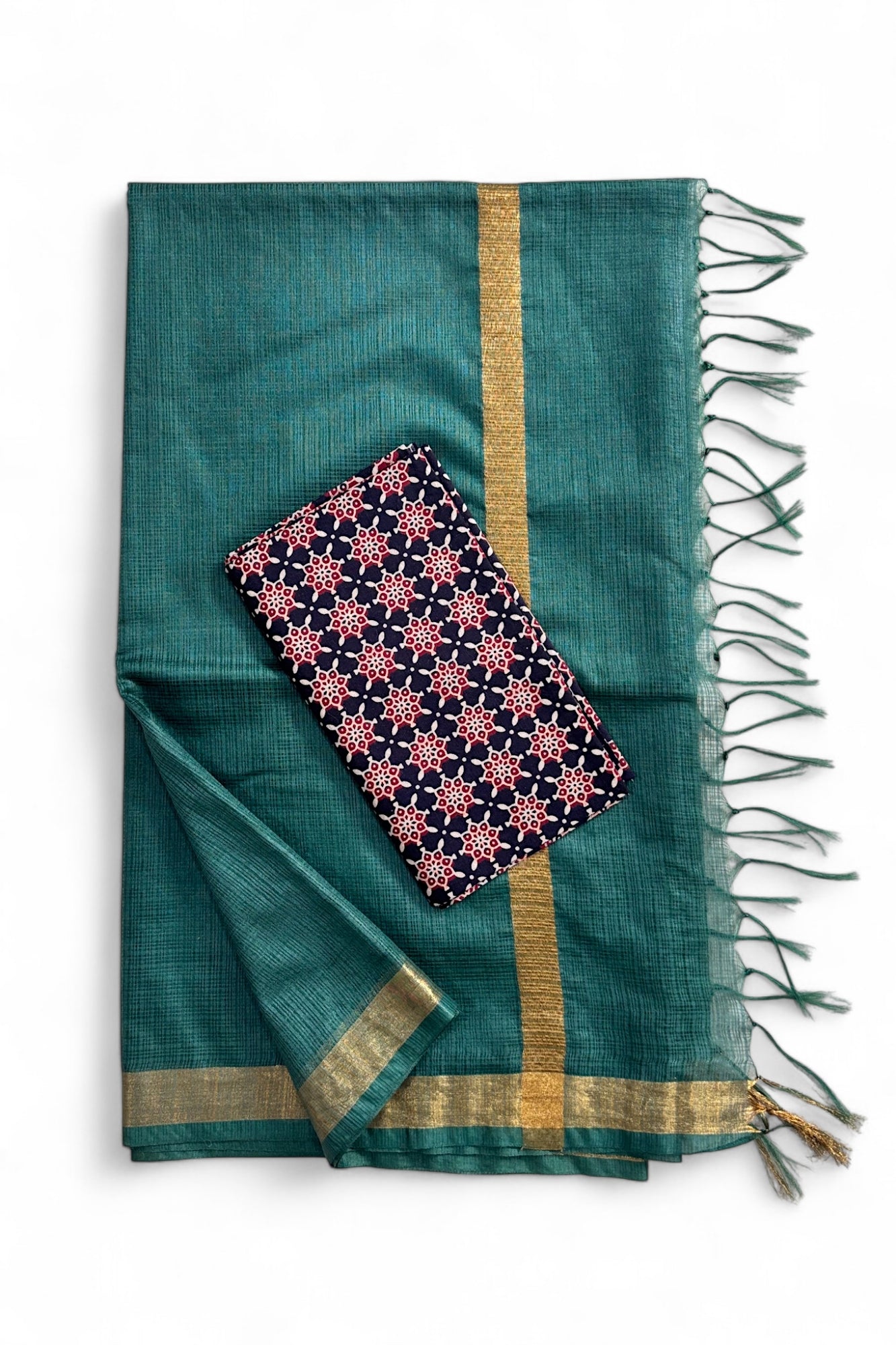 Green Kota Doria Silk Saree With Cotton Printed Blouse - Linen World