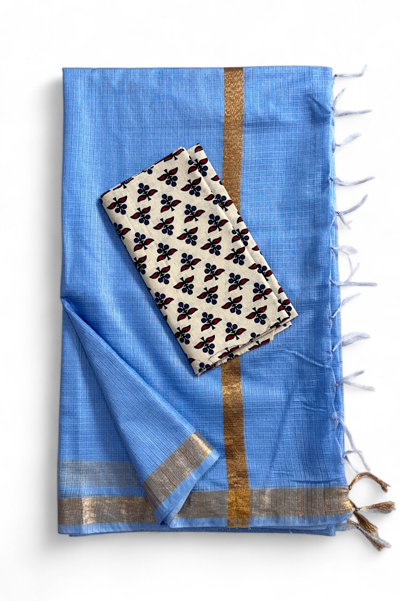 Blue Kota Doria Silk Saree With Cotton Printed Blouse - Linen World