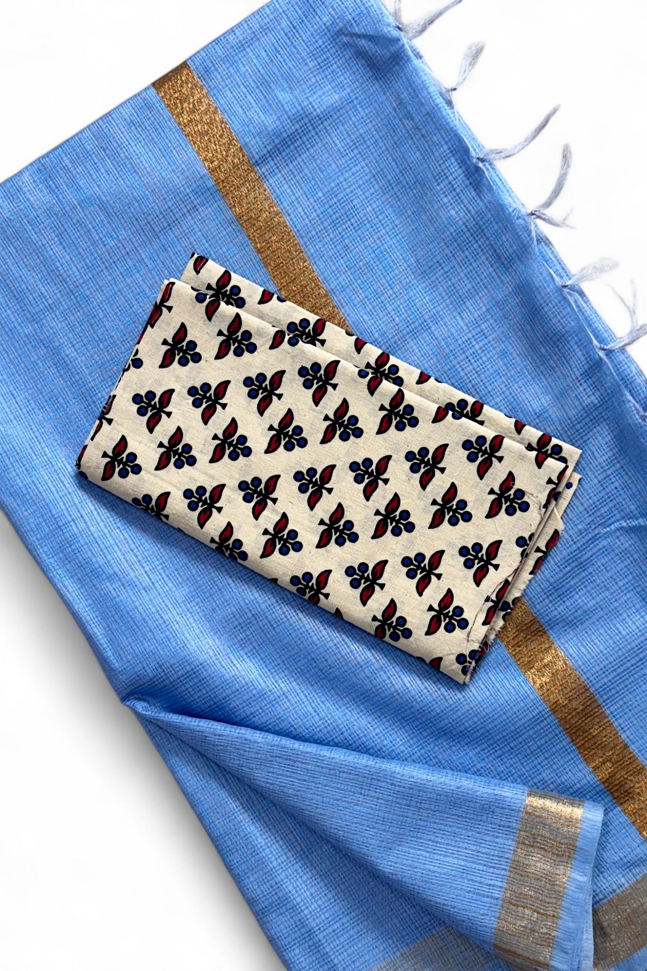 Blue Kota Doria Silk Saree With Cotton Printed Blouse - Linen World
