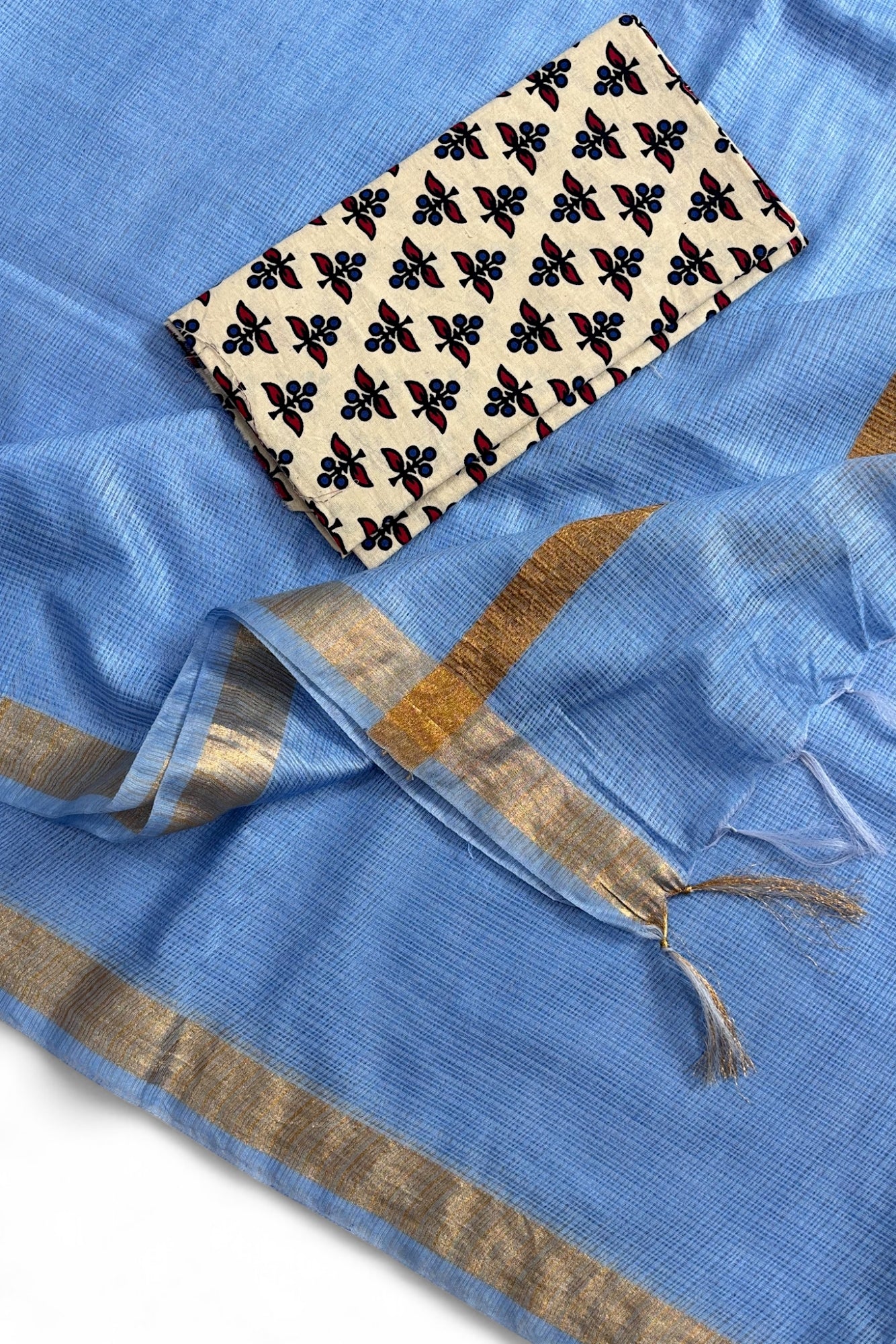 Blue Kota Doria Silk Saree With Cotton Printed Blouse - Linen World