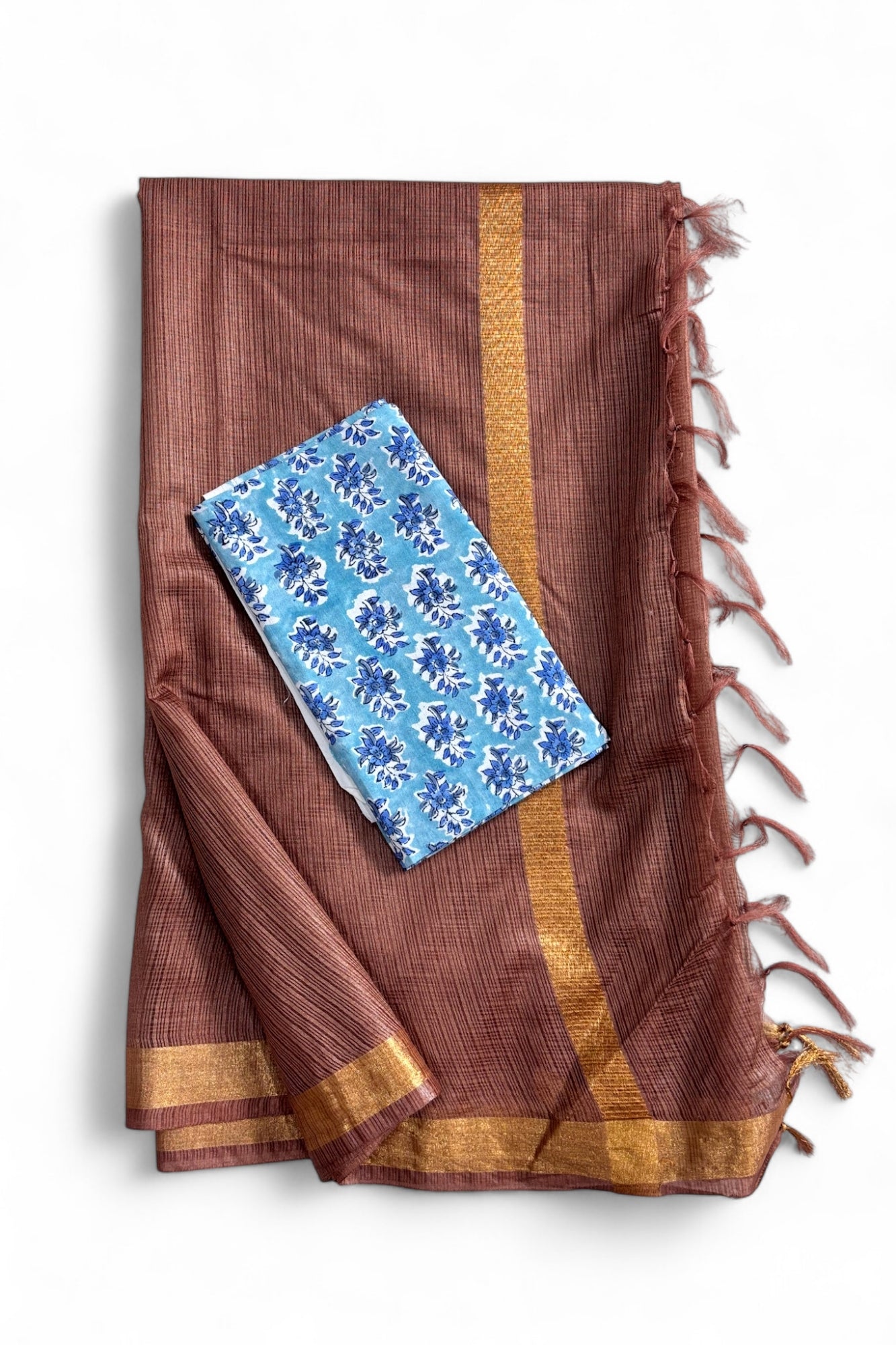 Brown Kota Doria Silk Saree With Cotton Printed Blouse - Linen World