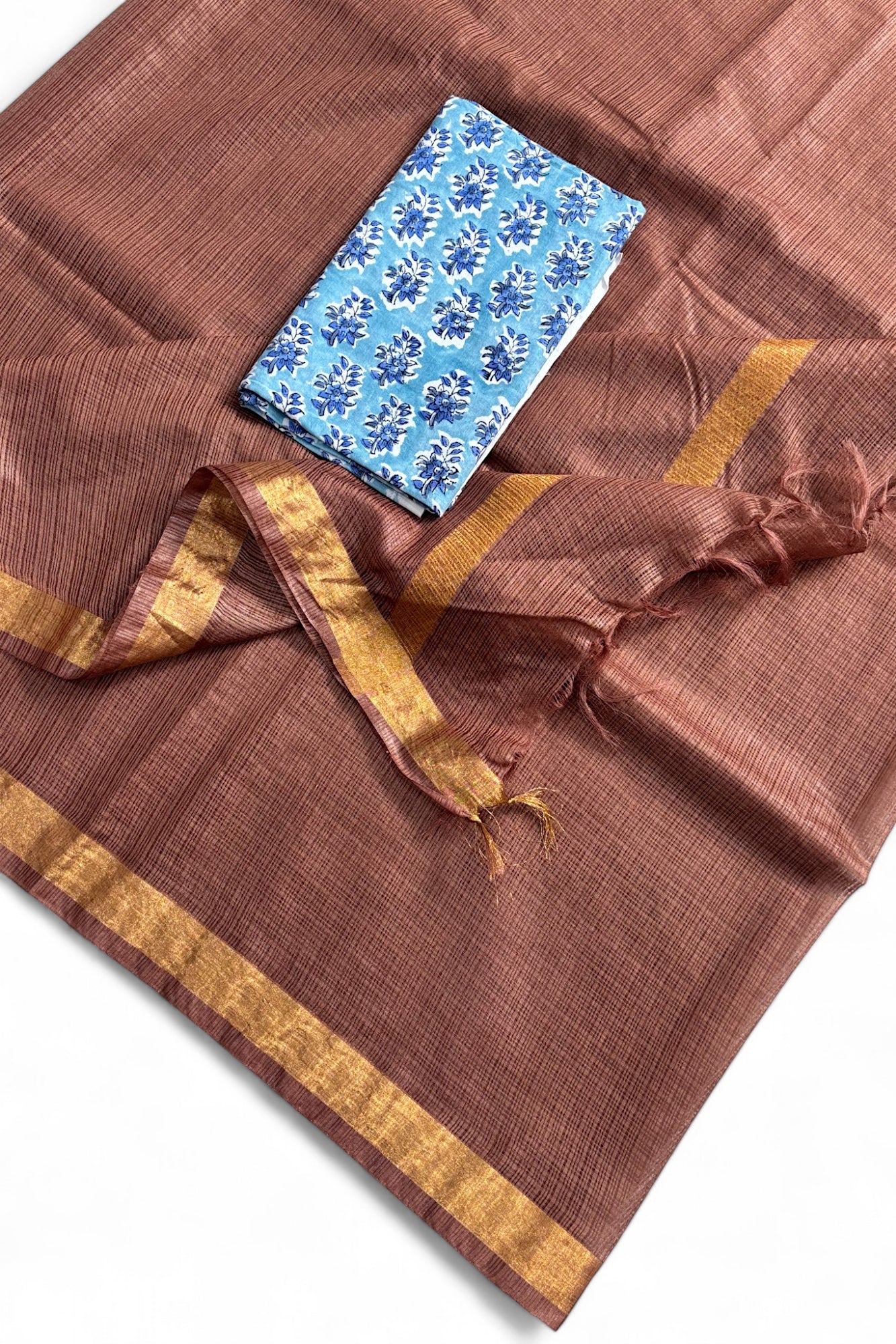 Pink Kota Doria Silk Saree With Cotton Printed Blouse - Linen World