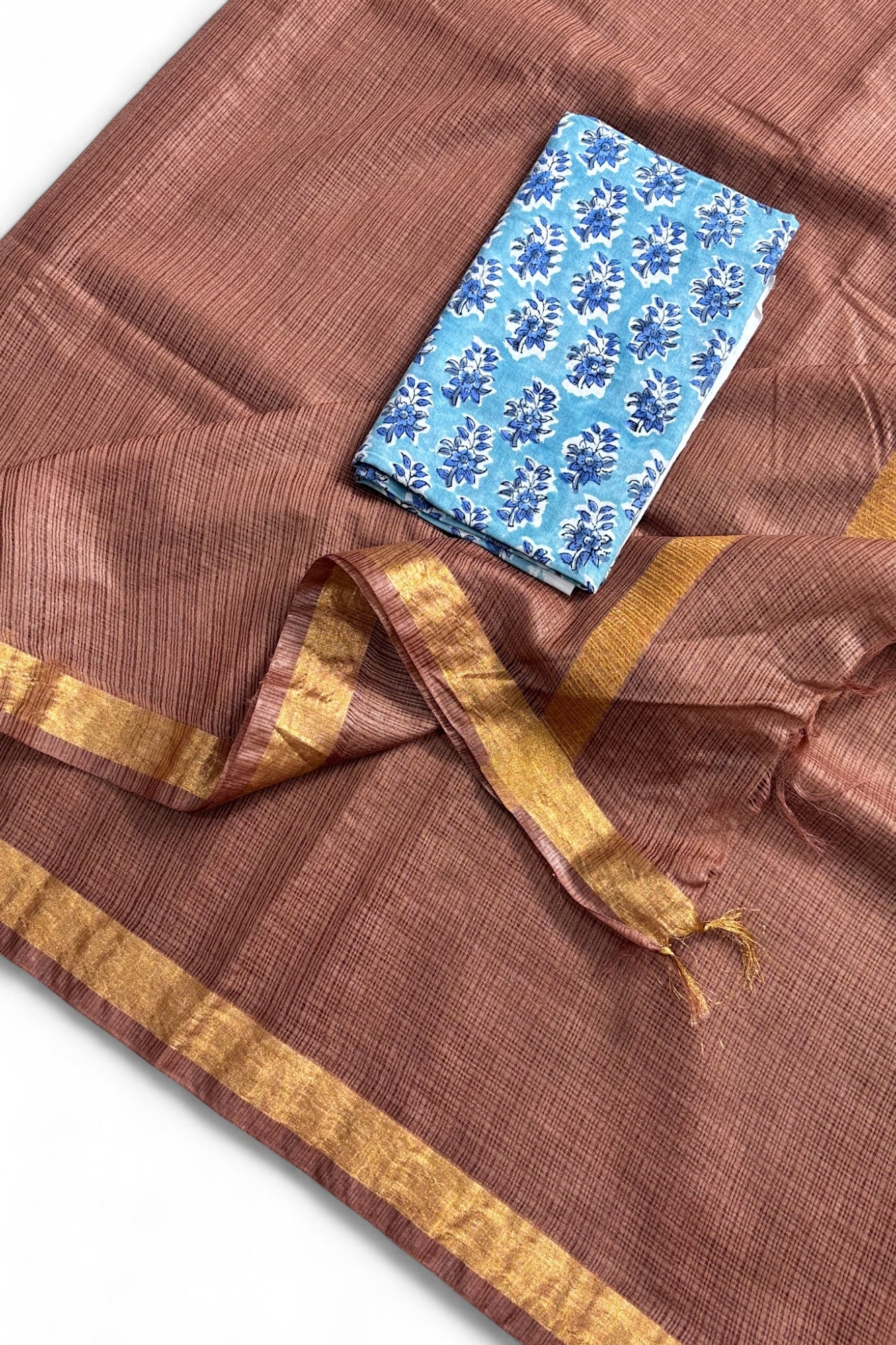 Pink Kota Doria Silk Saree With Cotton Printed Blouse - Linen World