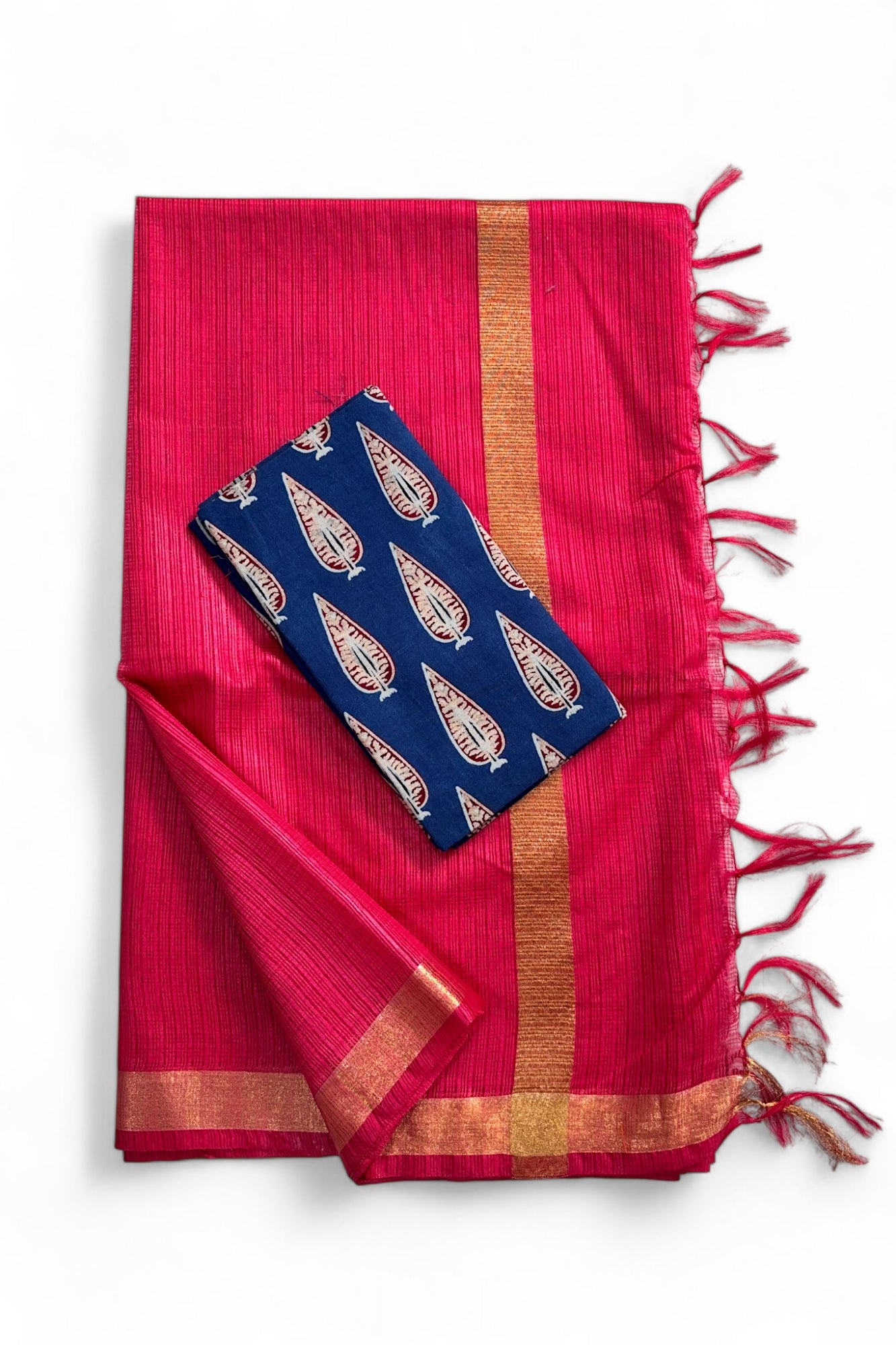 Pink Kota Doria Silk Saree With Cotton Printed Blouse - Linen World