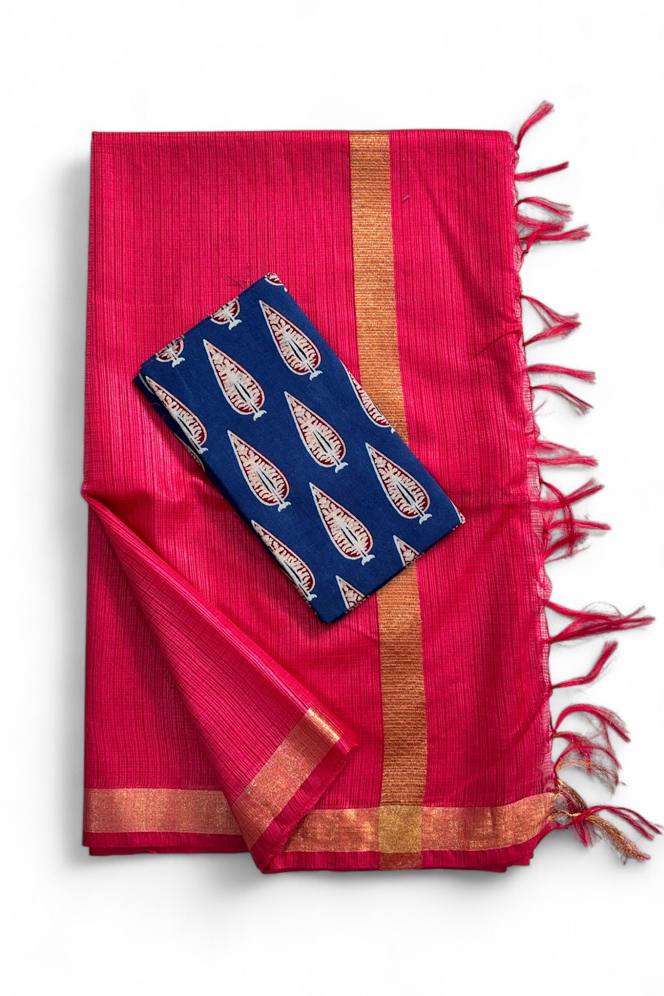 Pink Kota Doria Silk Saree With Cotton Printed Blouse - Linen World