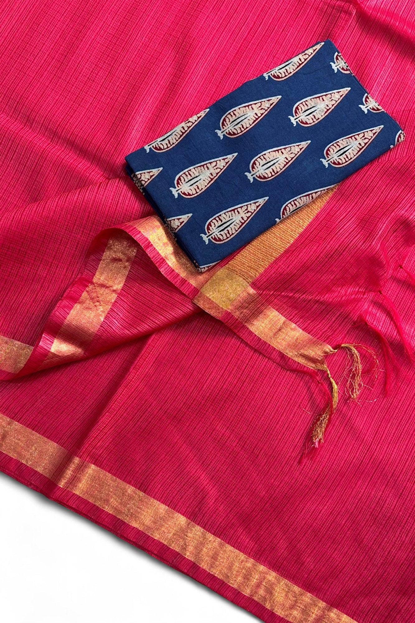 Pink Kota Doria Silk Saree With Cotton Printed Blouse - Linen World