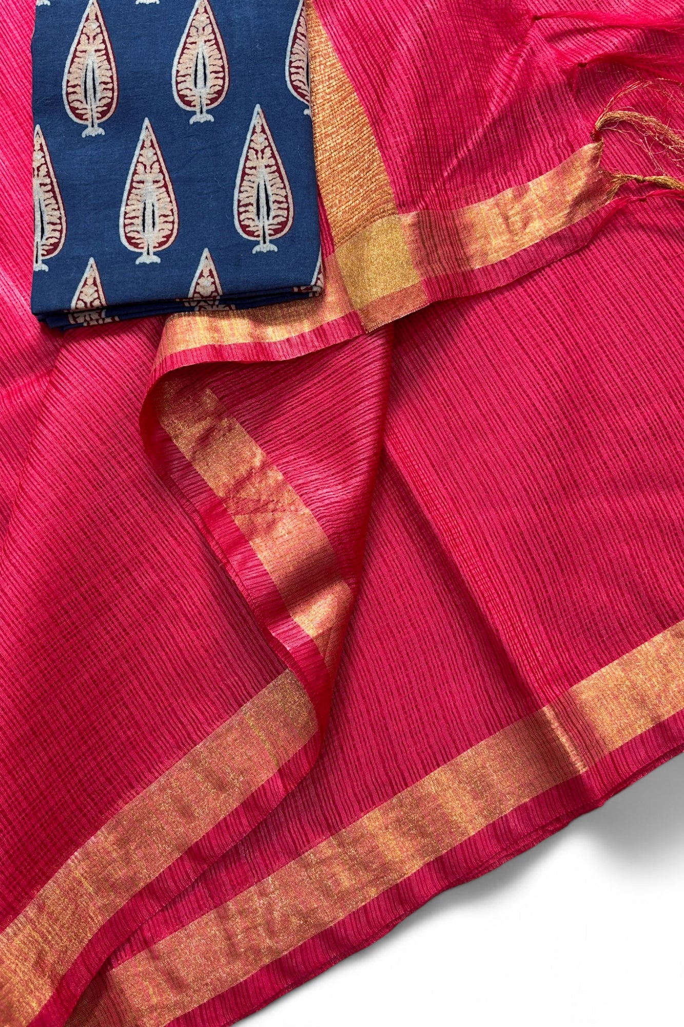 Pink Kota Doria Silk Saree With Cotton Printed Blouse - Linen World