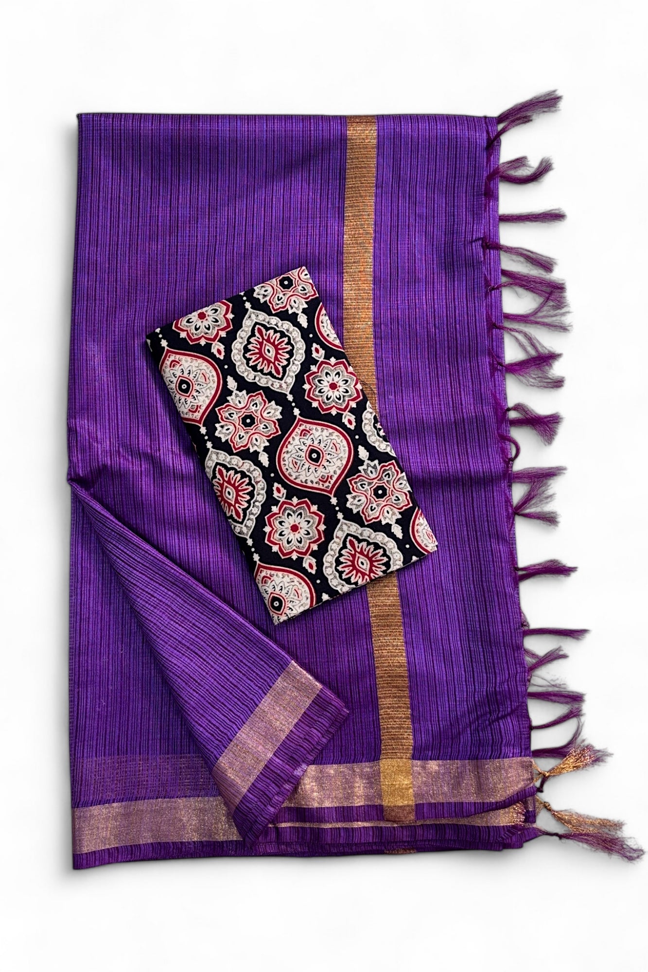 Purple Kota Doria Silk Saree With Cotton Printed Blouse - Linen World