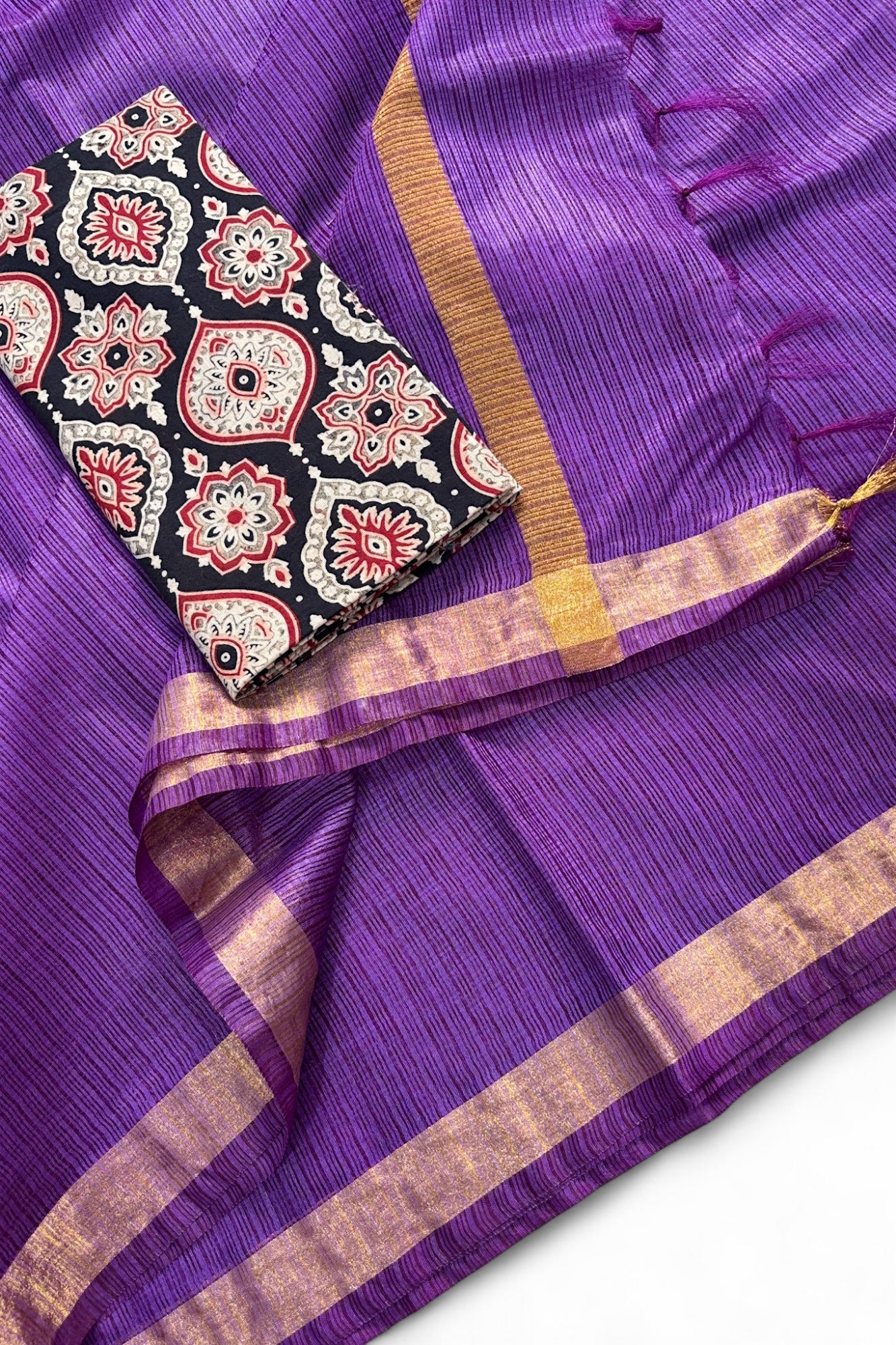 Purple Kota Doria Silk Saree With Cotton Printed Blouse - Linen World