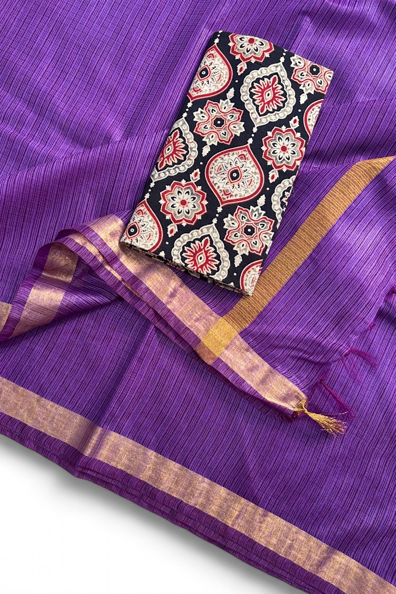 Purple Kota Doria Silk Saree With Cotton Printed Blouse - Linen World