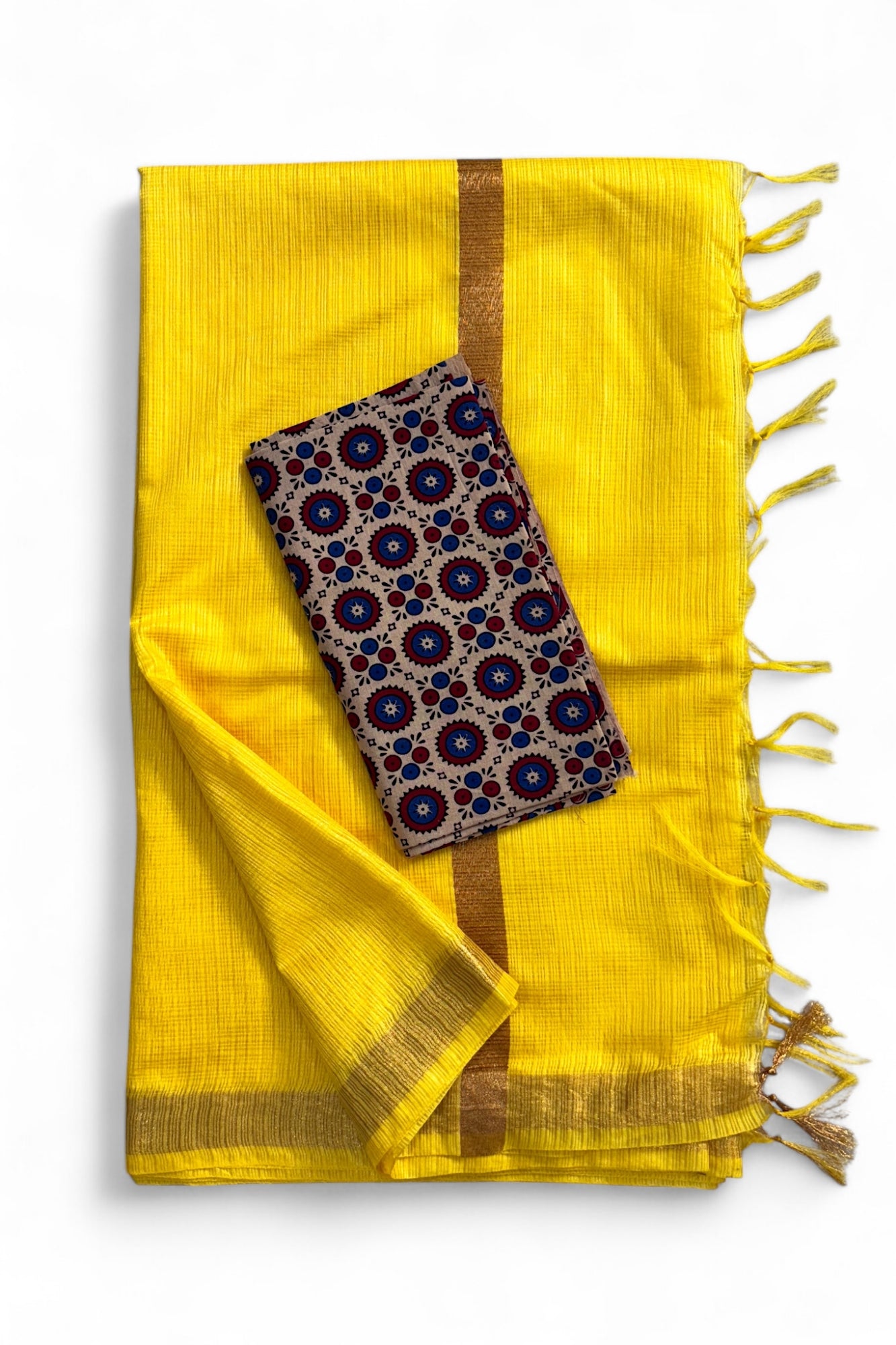 Yellow Kota Doria Silk Saree With Cotton Printed Blouse - Linen World