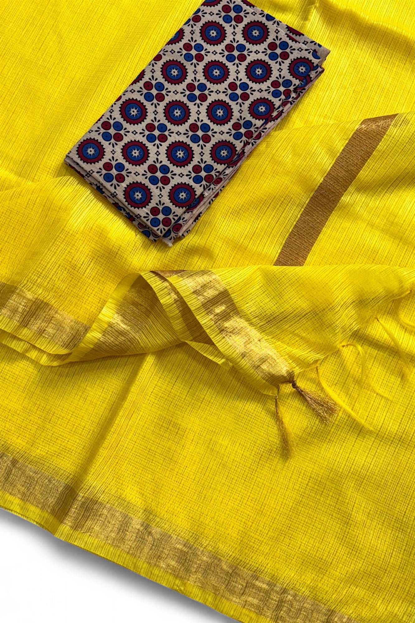 Yellow Kota Doria Silk Saree With Cotton Printed Blouse - Linen World