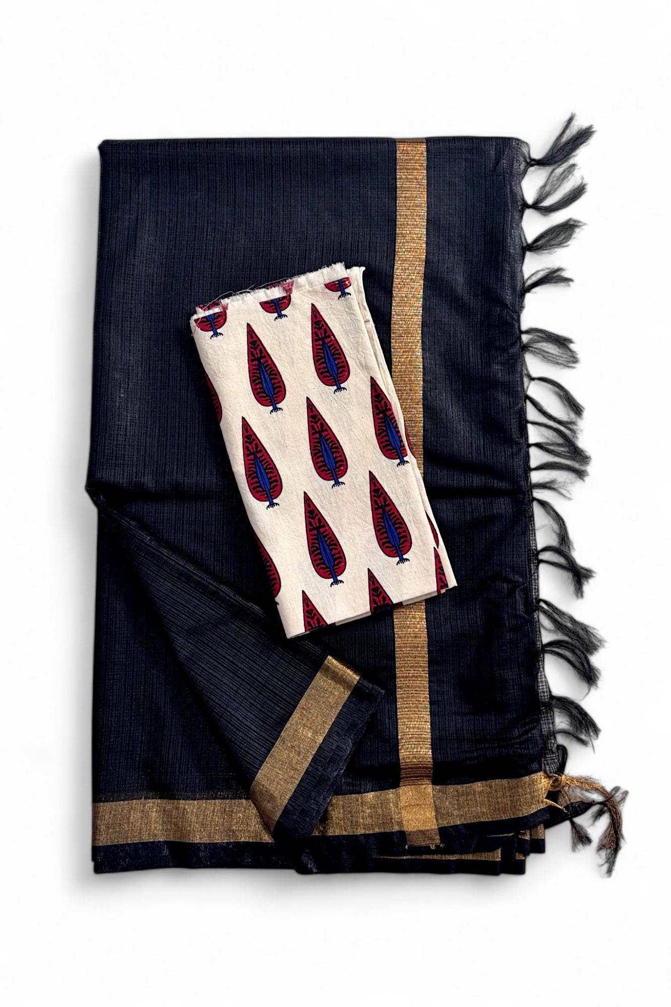 Black Kota Doria Silk Saree With Cotton Printed Blouse - Linen World