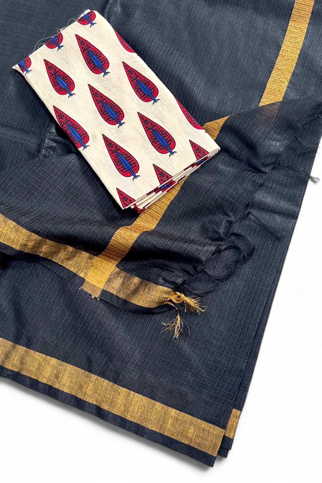Black Kota Doria Silk Saree With Cotton Printed Blouse - Linen World