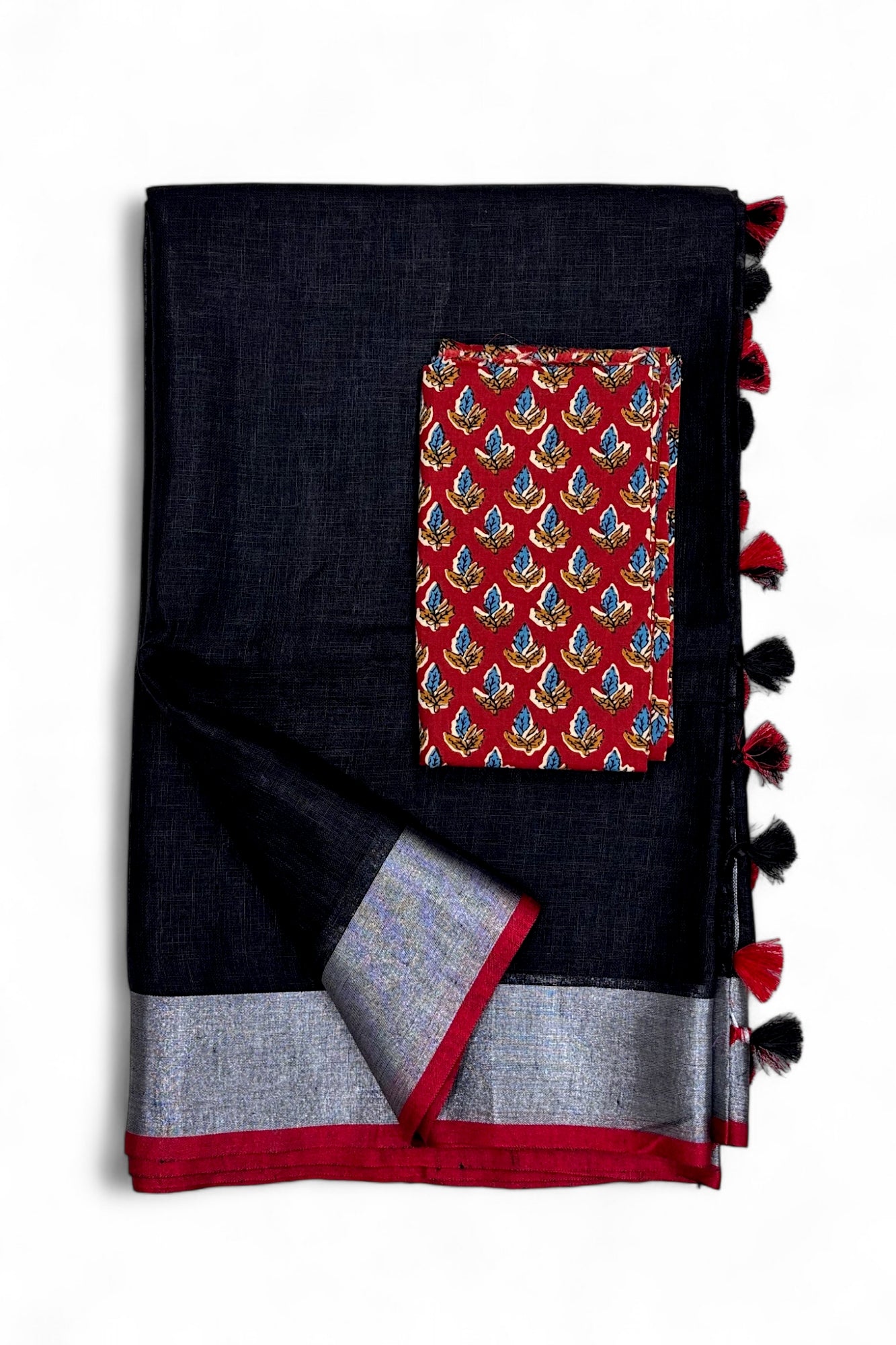 jet black organic pure linen saree with cotton printed blouse piece - linenworldonline.in