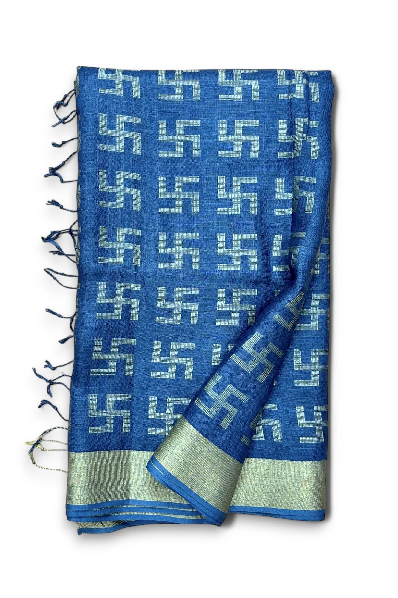 Swastika Teal Dobby Handwoven Linen Saree Linen World Swastika Teal Dobby Handwoven Linen Saree Linen World