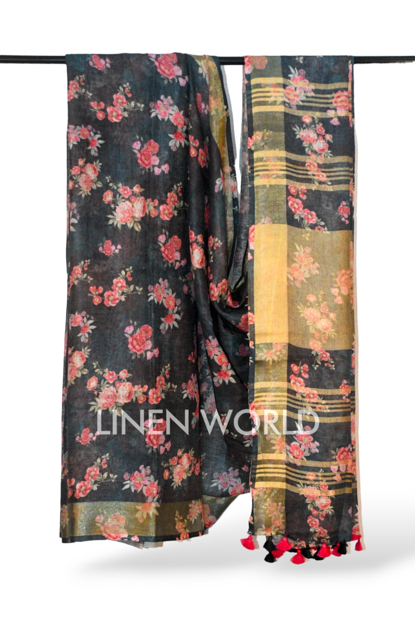rosemarie: black digital printed pure linen saree - linenworldonline.in