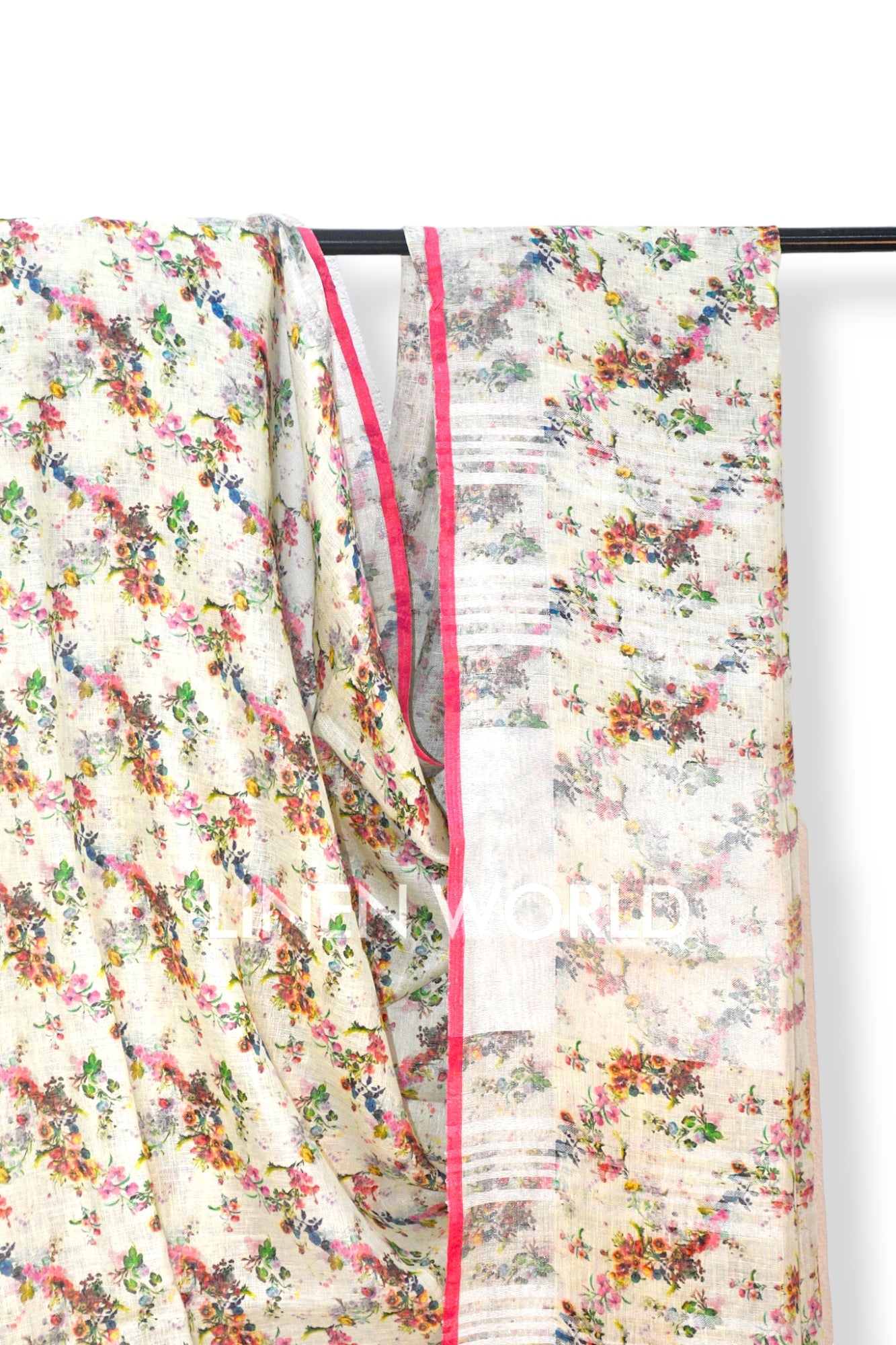 eliza: cream digital printed pure linen saree - linenworldonline.in