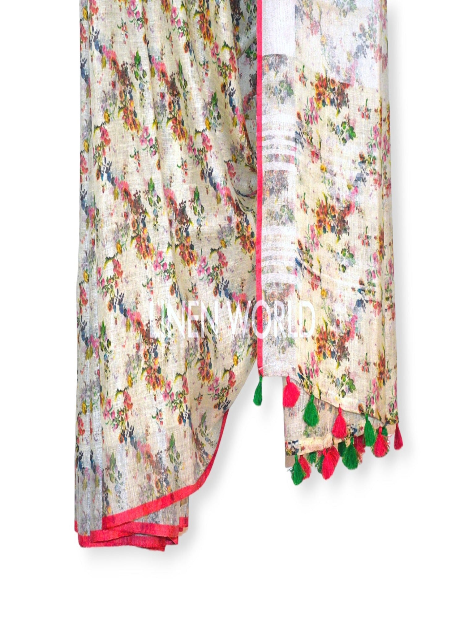 eliza: cream digital printed pure linen saree - linenworldonline.in