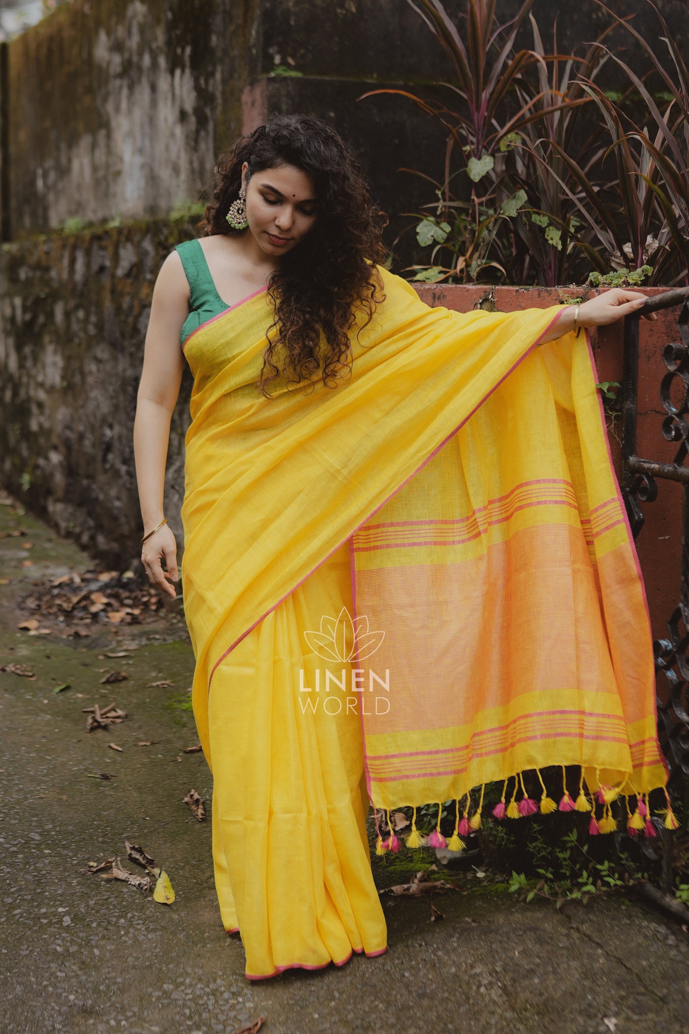 amala: yellow pure handwoven linen saree - linen world