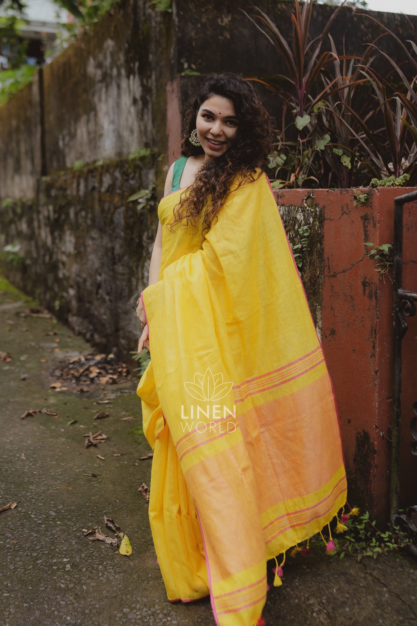 amala: yellow pure handwoven linen saree - linen world